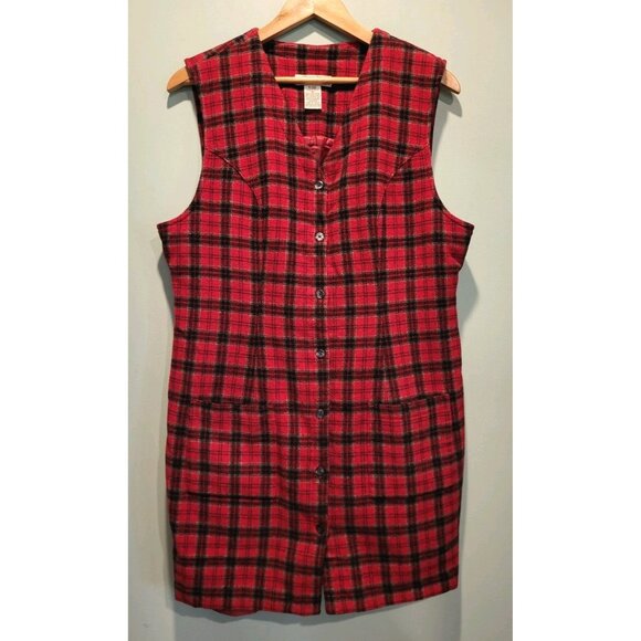 Vtg Eddie Bauer Wool Blend Red Plaid Sleeveless Button Up Dress Sz 16 - Picture 1 of 8